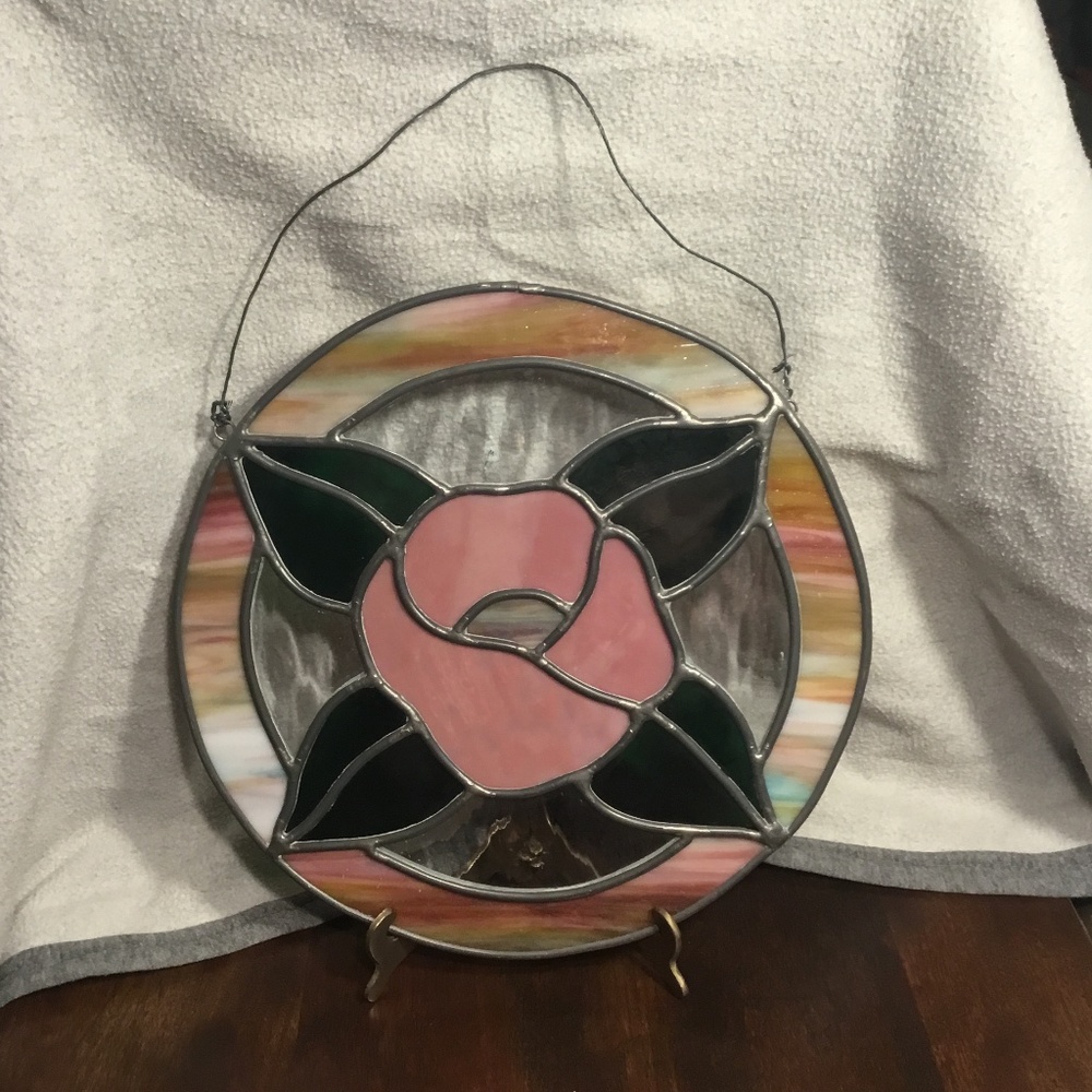 Pink/Red Rose Stained Glass Hanging Round 11.5” Wall Art Hand Made USA
